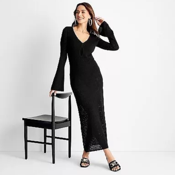 Women's Long Sleeve Open-Work Stitch Midi Dress - Future Collective Black L - Picture 2 of 11